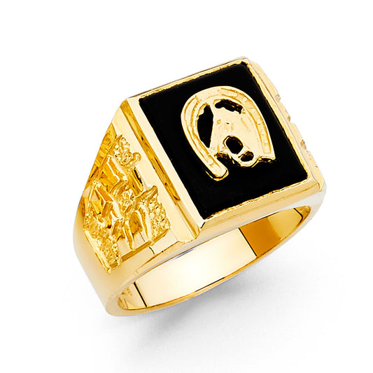 14K Solid Gold Horseshoe Onyx Mens Ring