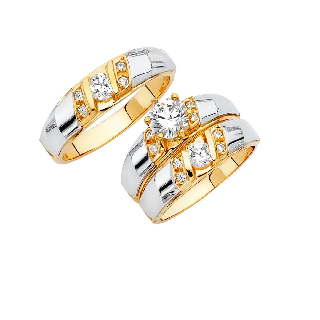 Conjunto de alianza de boda y compromiso en dos tonos de oro macizo de 14 quilates