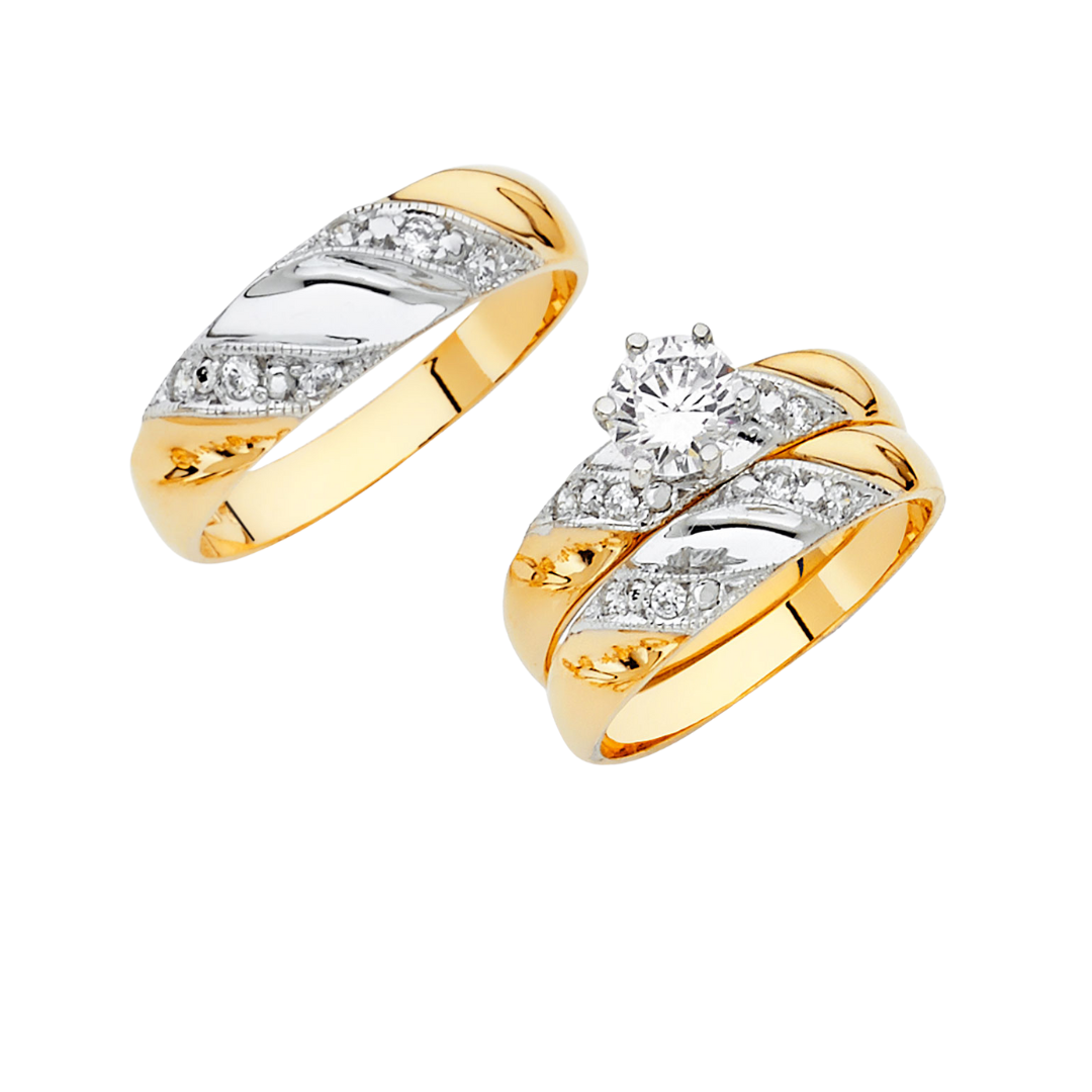 Conjunto de alianza de boda y compromiso en dos tonos de oro macizo de 14 quilates