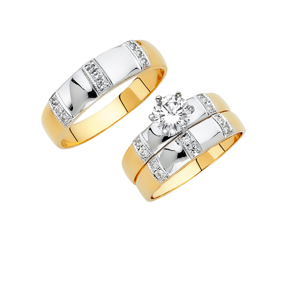 Conjunto de alianza de boda y compromiso en dos tonos de oro macizo de 14 quilates