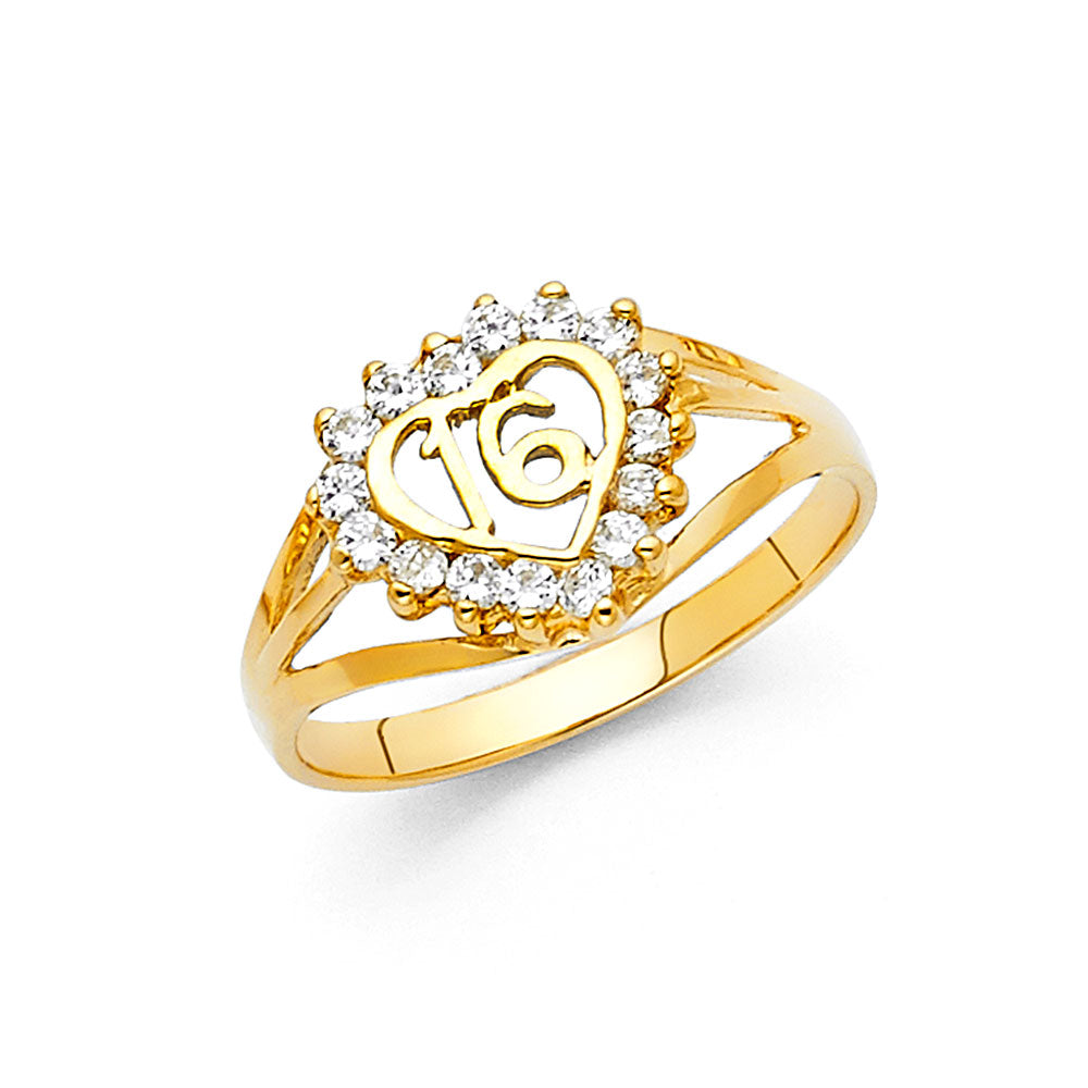 14K Solid Gold Yellow Gold Sweet 16 CZ Heart Ring