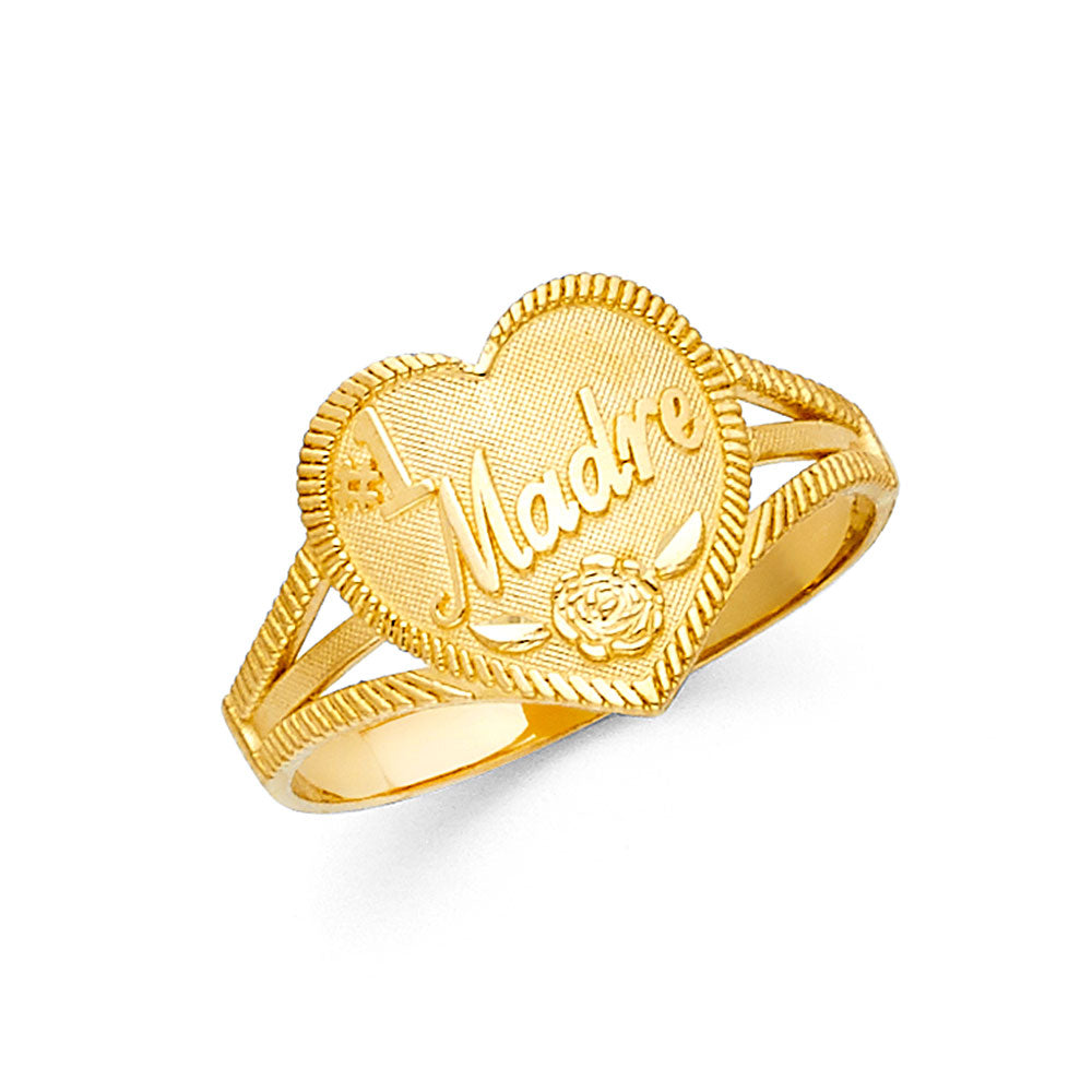 14k gold mom “#1 madre” heart ring with rose accent