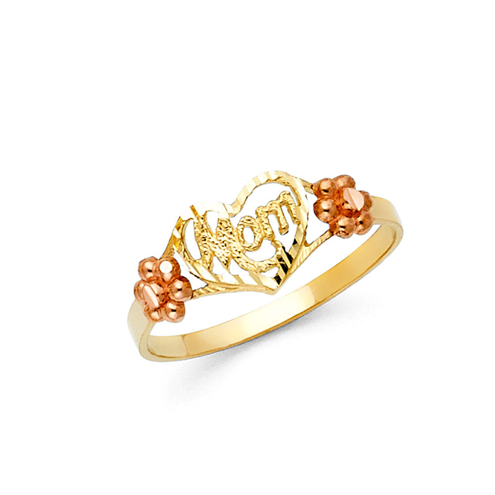 14k solid gold "mom" heart flower ring