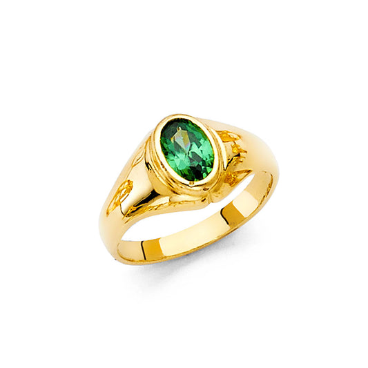 Anillo de bebé con circonita cúbica de talla ovalada verde de oro macizo de 14 quilates