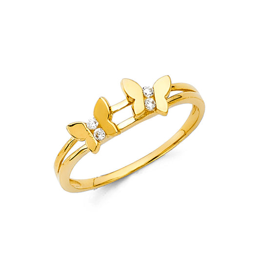 14k solid gold yellow cz double butterfly ring