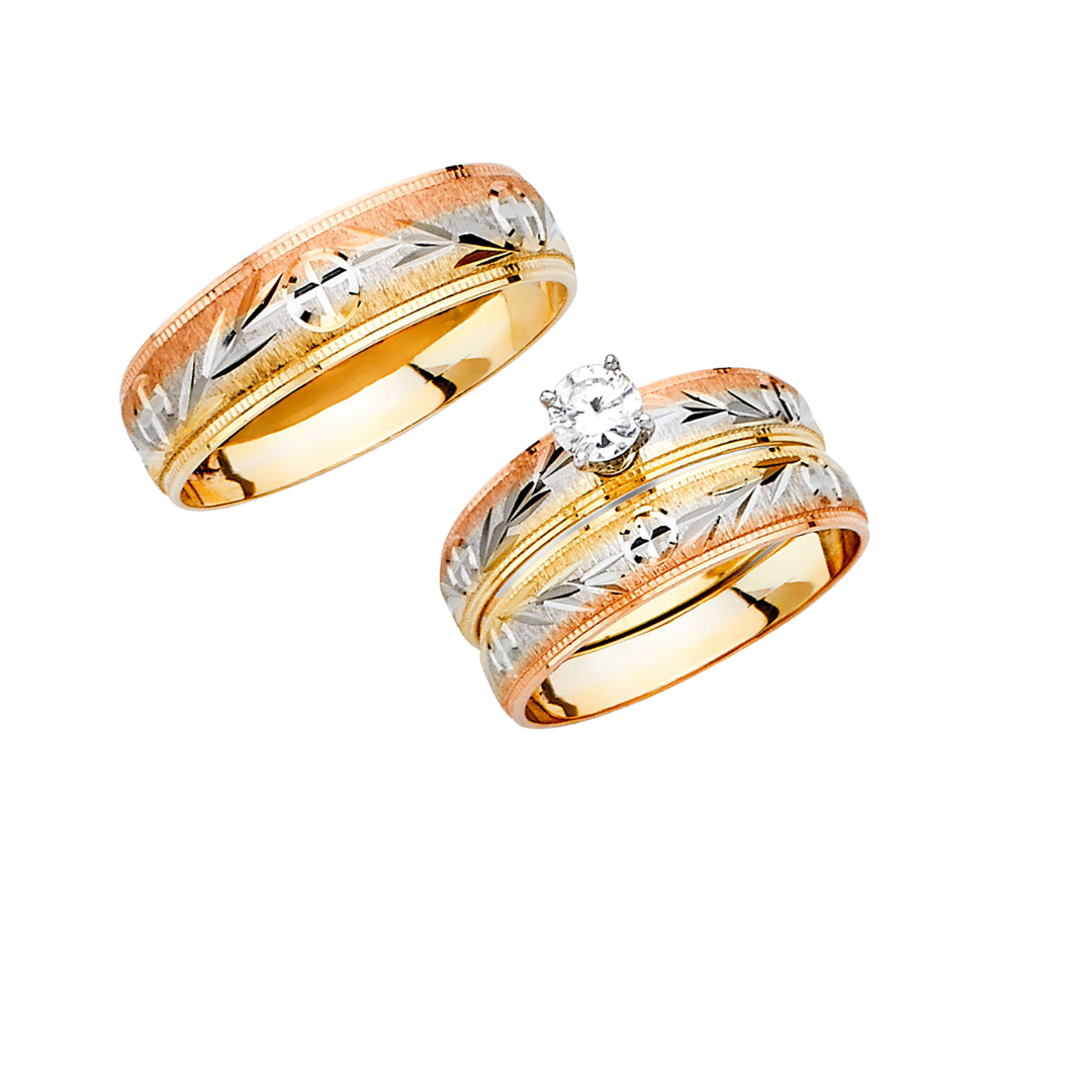 Juego de circonitas cúbicas de boda con cruz y hoja de 3 colores en oro macizo de 14 quilates