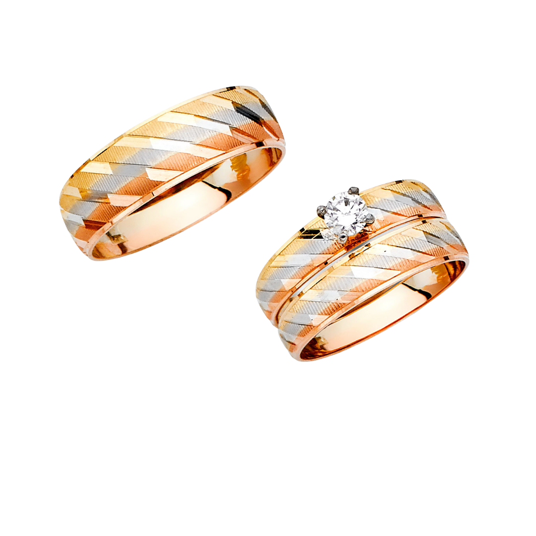 Juego de alianzas de boda y compromiso de 3 colores en oro macizo de 14 quilates
