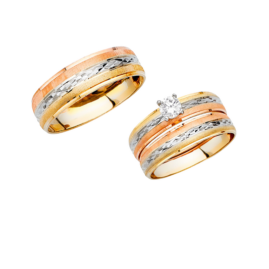14k solid gold 3 color engagement & wedding band set