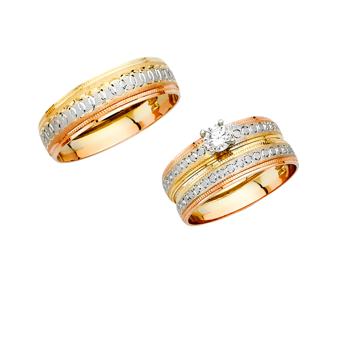 Conjunto de alianza de boda y compromiso tricolor de oro macizo de 14 quilates