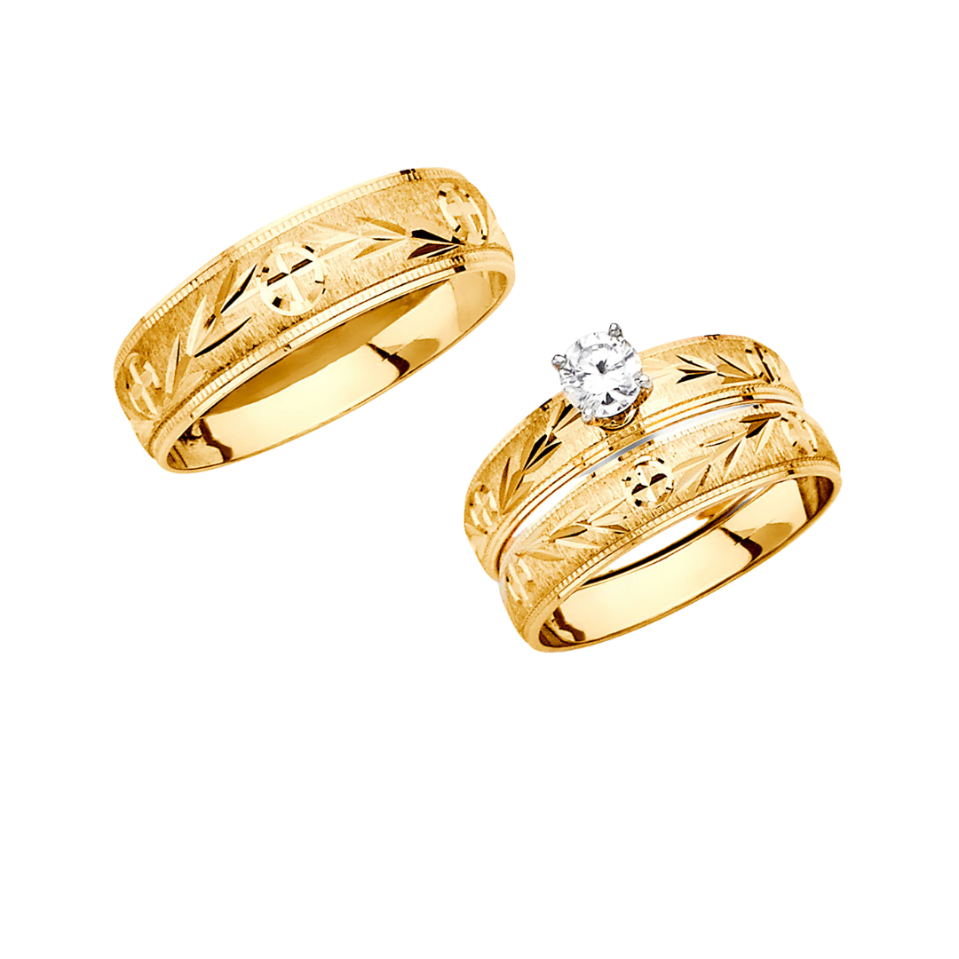 Conjunto de circonita cúbica de boda con cruz y hoja de oro macizo de 14 quilates