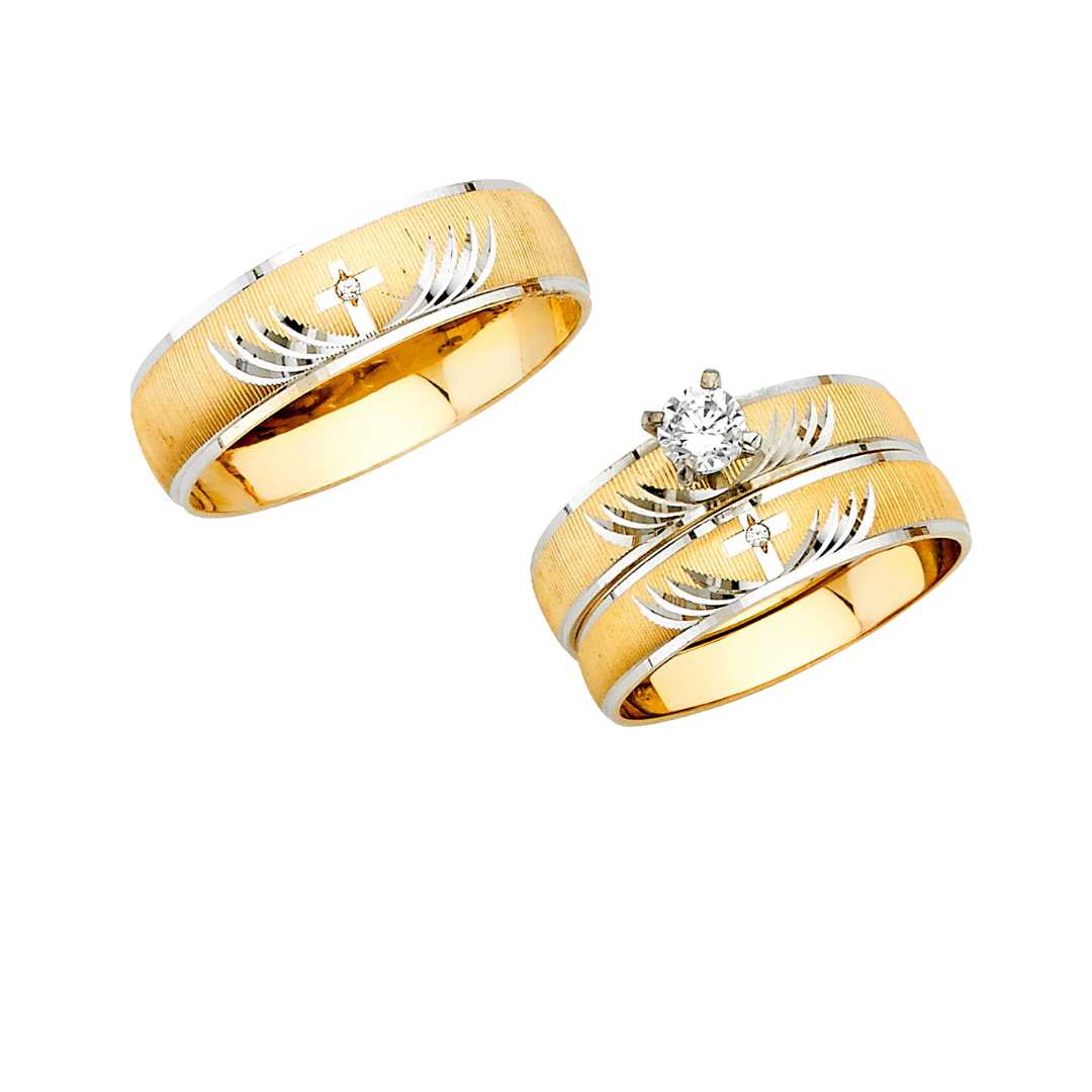 14K Solid Gold Yellow & White Gold Cross Engagement & Wedding Band Set