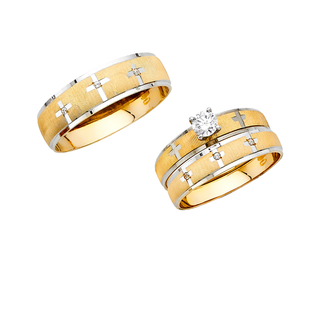 Conjunto de alianza de boda y compromiso con triple cruz de oro amarillo y blanco de oro macizo de 14 quilates