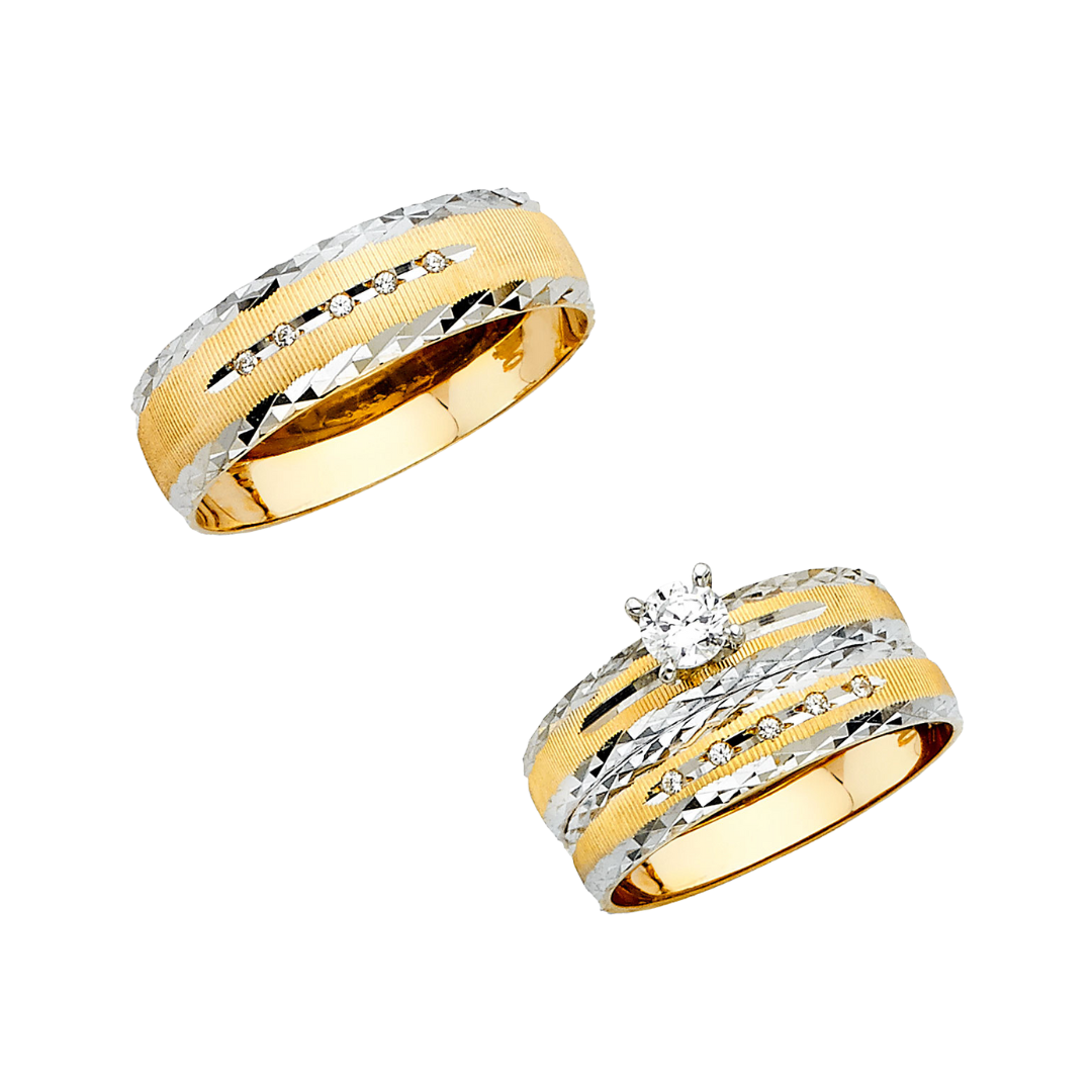 14K Solid Gold Yellow & White Gold Diamond Cut Engagement & Wedding Band Set