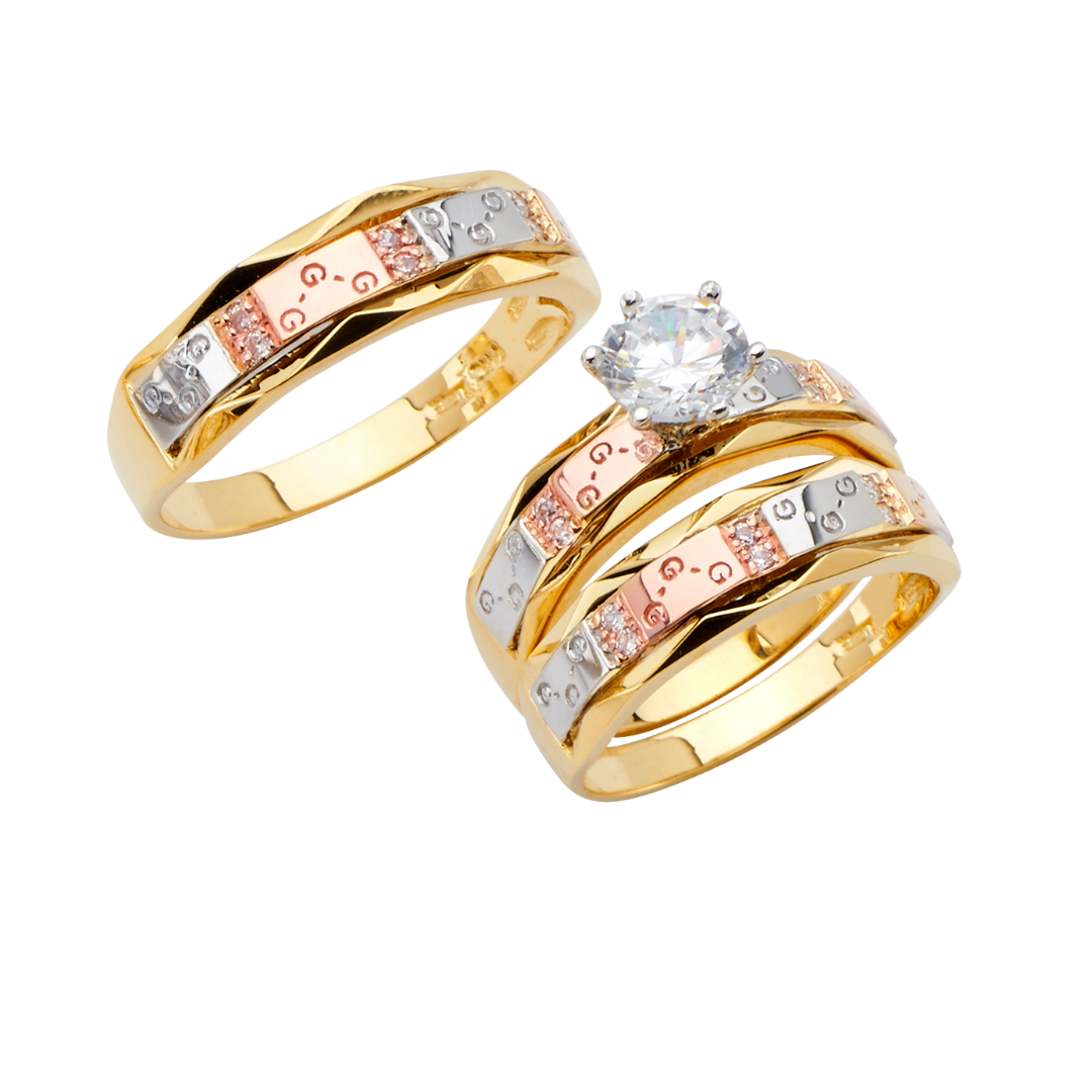 Trío de alianzas de boda y compromiso de 3 colores en oro macizo de 14 quilates