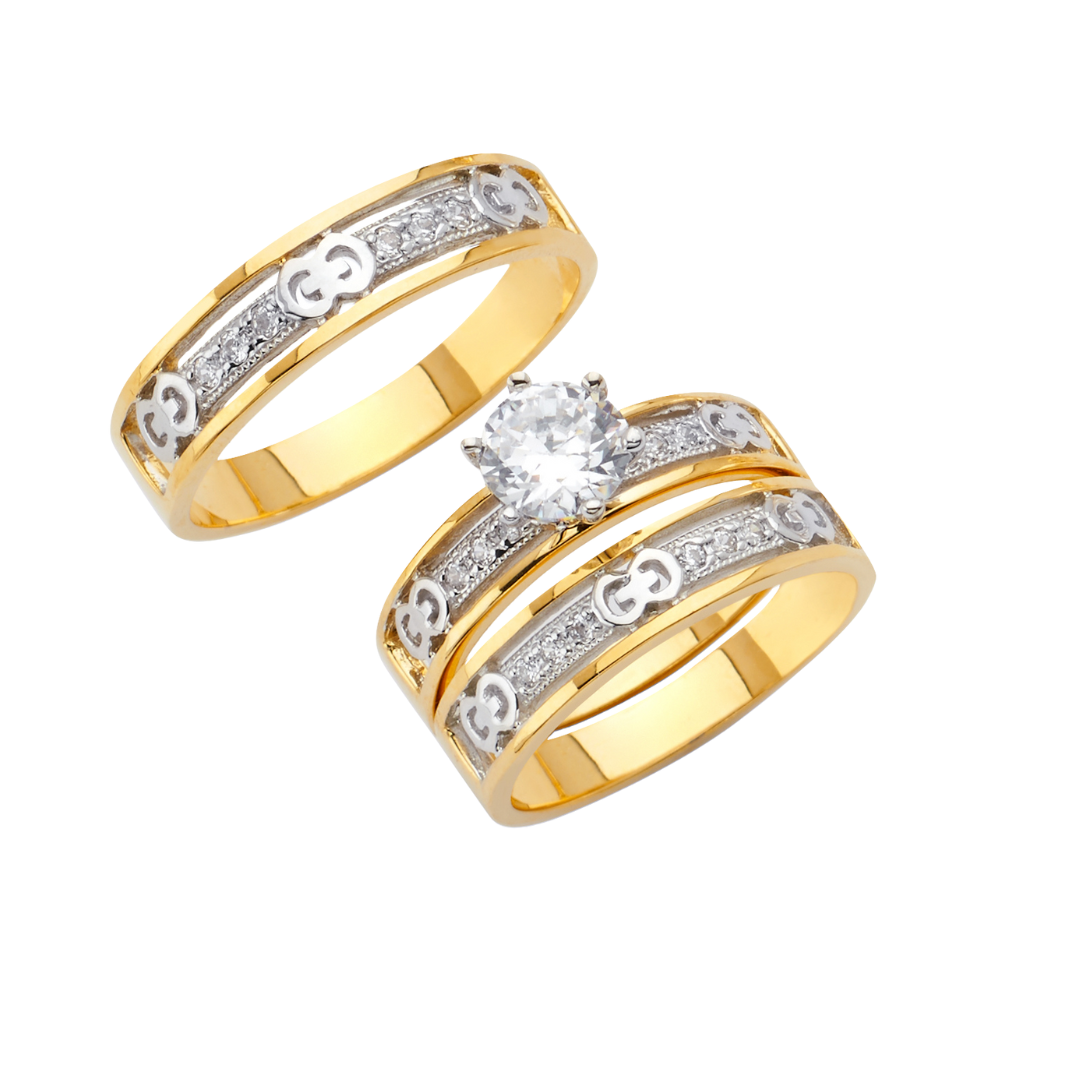 14K Solid Gold Two Tone Engagement & Wedding Band Set Trio