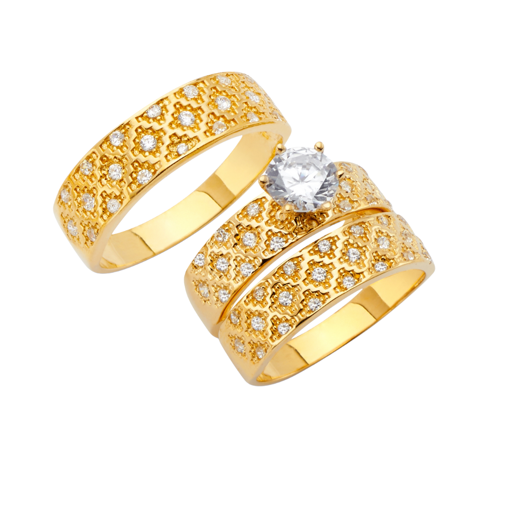 Trío de alianzas de boda y compromiso en dos tonos de oro macizo de 14 quilates