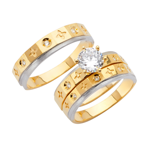 Conjunto de alianza de boda y compromiso en dos tonos de oro macizo de 14 quilates