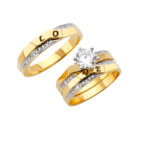 Trío de alianzas de boda y compromiso "Love" en dos tonos de oro macizo de 14 quilates