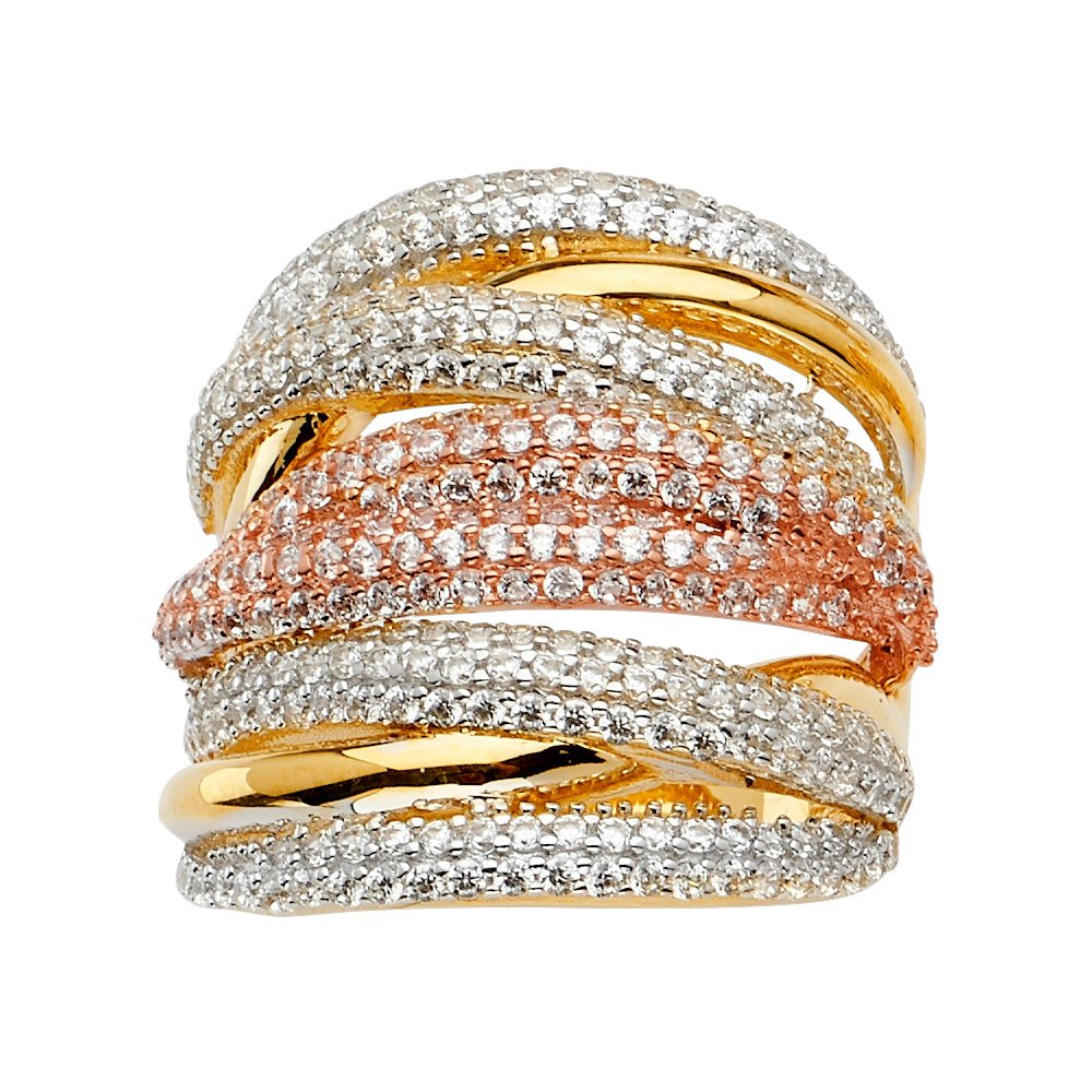 14k solid gold tri color cz fancy womens ring
