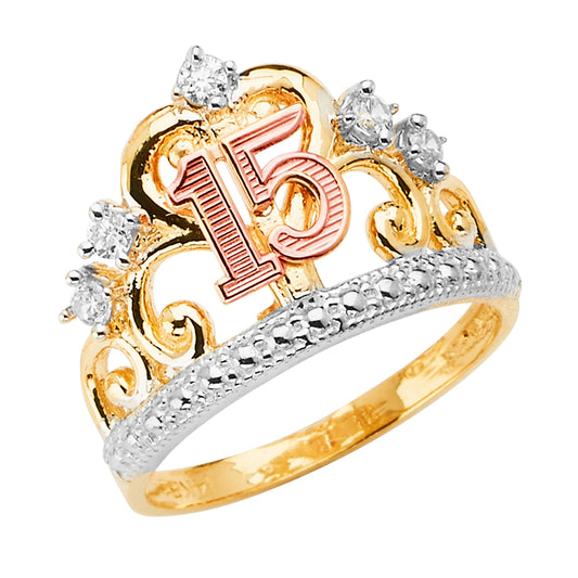 14K Solid Gold Yellow & Rose Gold Quinceañera Crown Ring with Sparkling Cubic Zirconia