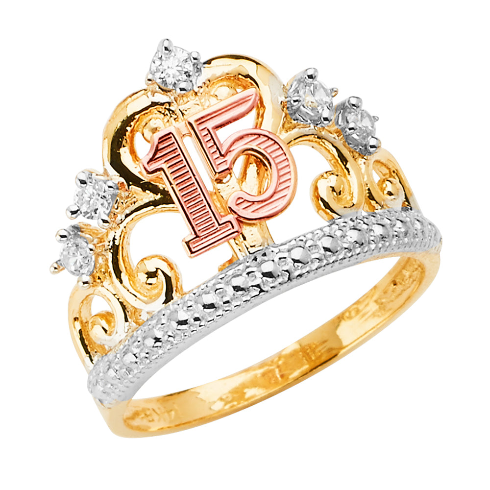 14k solid gold yellow & rose gold quinceañera crown ring with sparkling cubic zirconia
