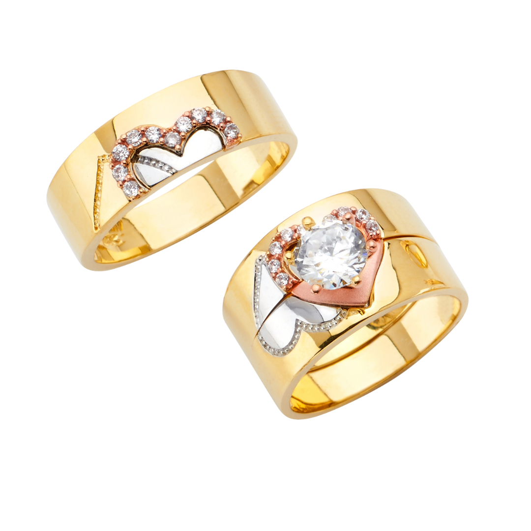 Trío de alianzas de boda y compromiso con forma de corazón de 3 colores en oro macizo de 14 quilates