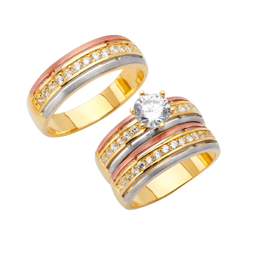 Trío de alianzas de boda y compromiso de 3 colores en oro macizo de 14 quilates