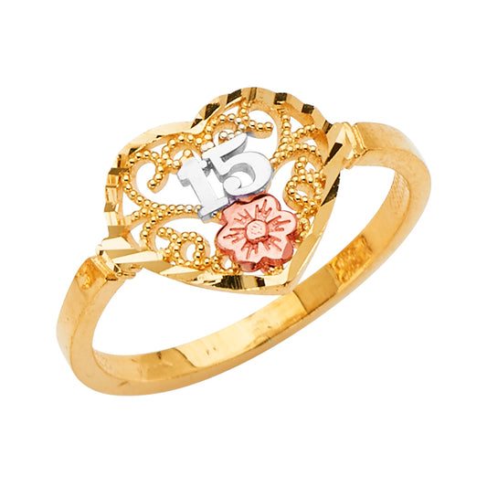 14K Solid Gold Tri-Color Quinceañera Heart Flower Ring
