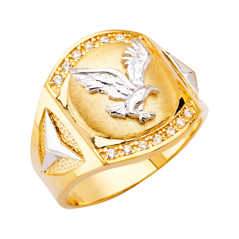 14k solid gold eagle cz mens ring