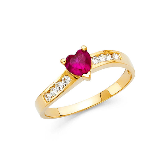 Anillo de oro macizo de 14 quilates con corazón rojo y circonita cúbica (rojo, verde)
