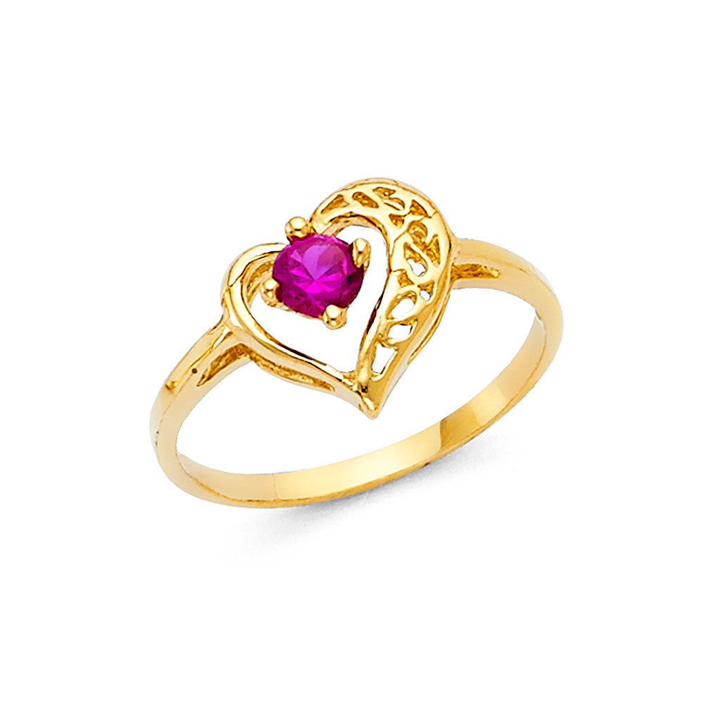 14k solid gold heart red cz ring