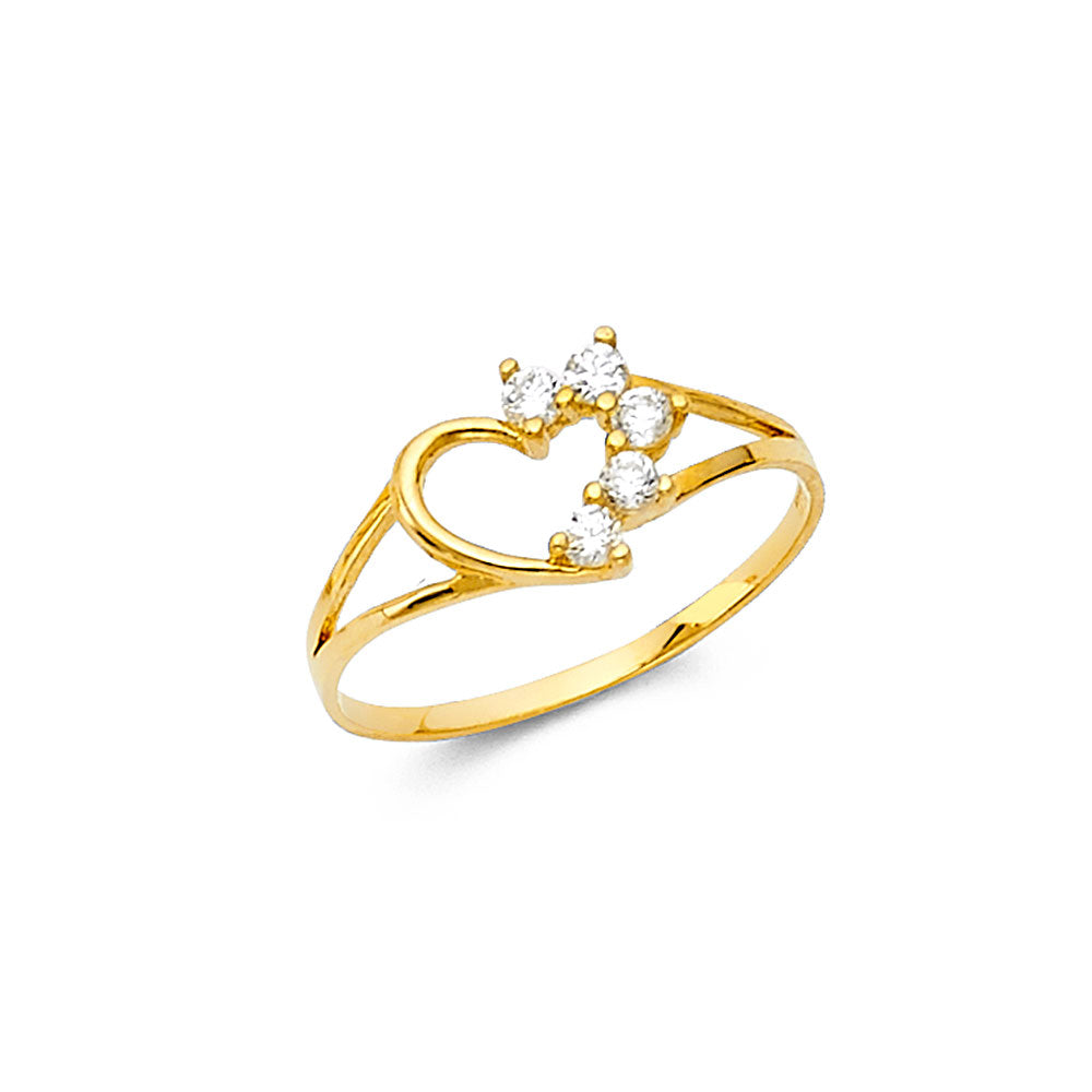 14K Gold Half-Heart CZ Baby Ring – Solid 14K yellow gold with half-heart design and colorful CZ accents. Available in white, pink, and red. Perfect for babies or as a dainty women’s pinky ring