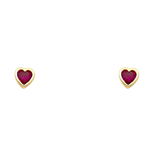 14K Gold Red Heart Screw Back Earrings