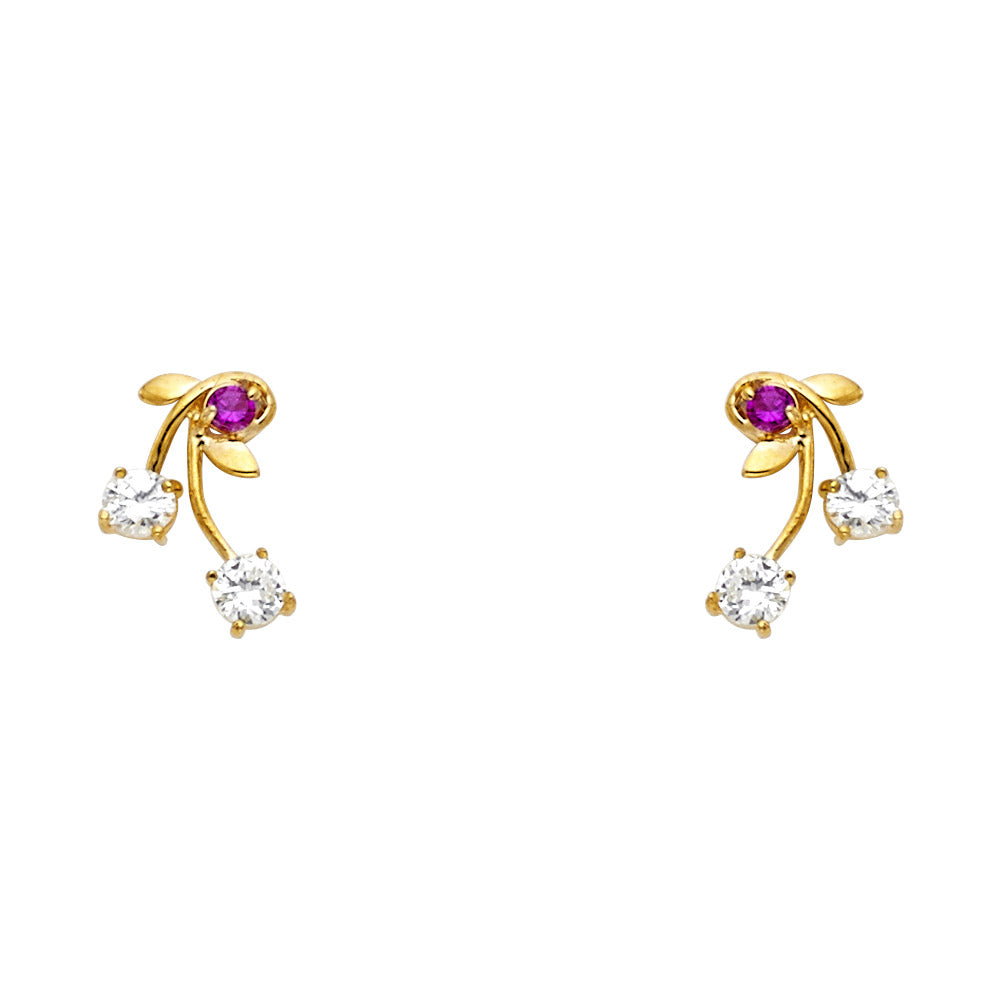 14K Gold Pink & CZ Floral Stud Earrings