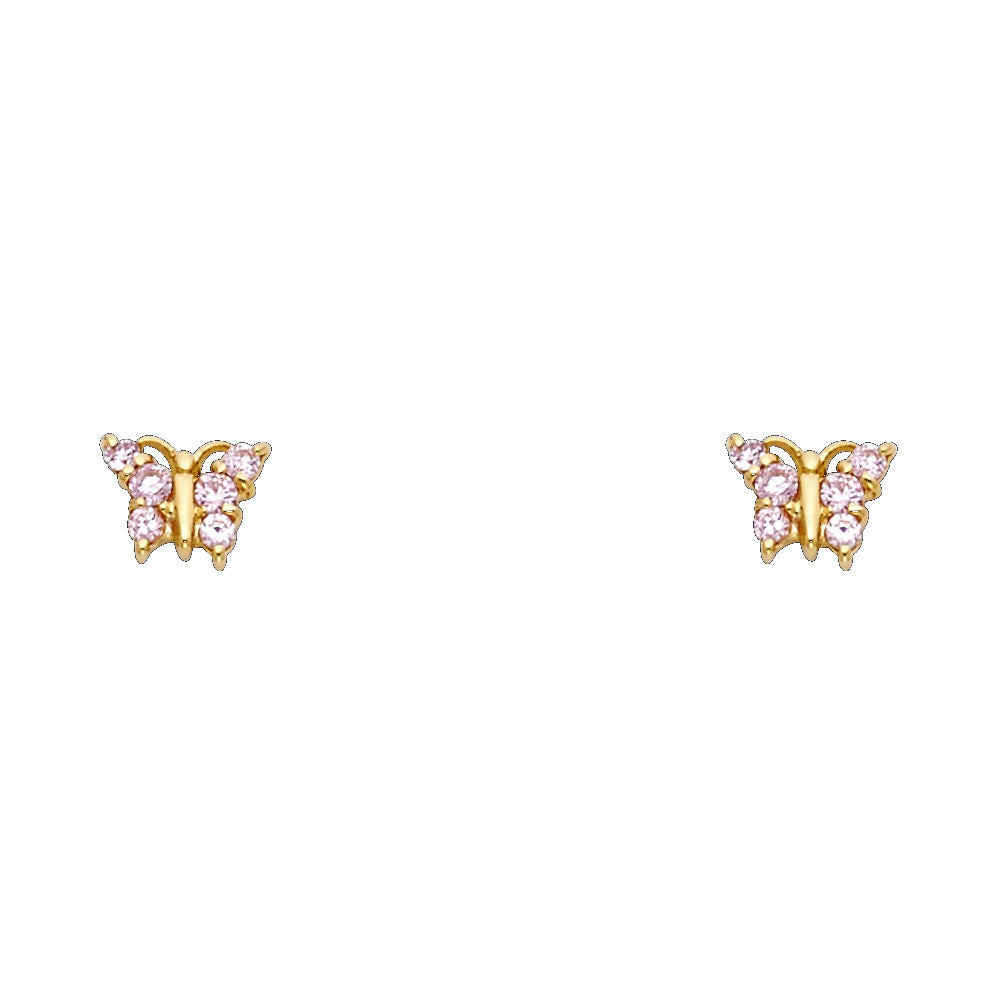 14K gold butterfly screw back earrings with pink CZ stones – secure screw back closure, dainty everyday stud