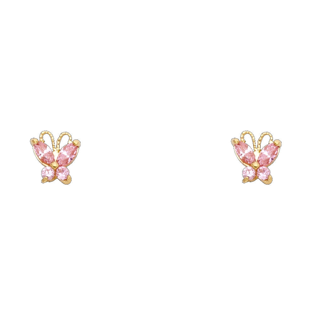 14K Gold Pink CZ Butterfly Screw Back Earrings