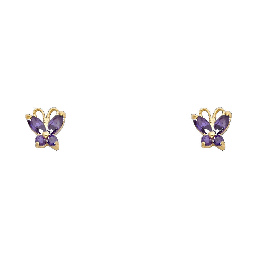 14K gold butterfly screw back earrings with purple CZ stones – secure screw back closure, dainty everyday stud