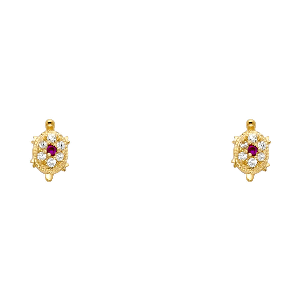 14K Gold Turtle Red CZ Stud Earrings