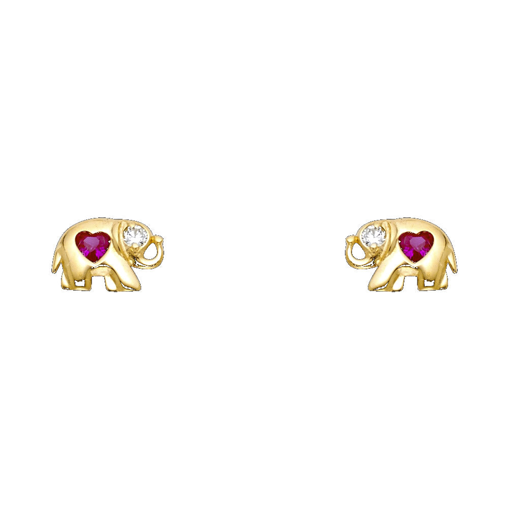 14K Gold Elephant Red CZ Stud Earrings