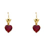 14K yellow gold heart dangle earrings with French hook closure, red heart-shaped stones in prong setting, lightweight romantic gold jewelry.