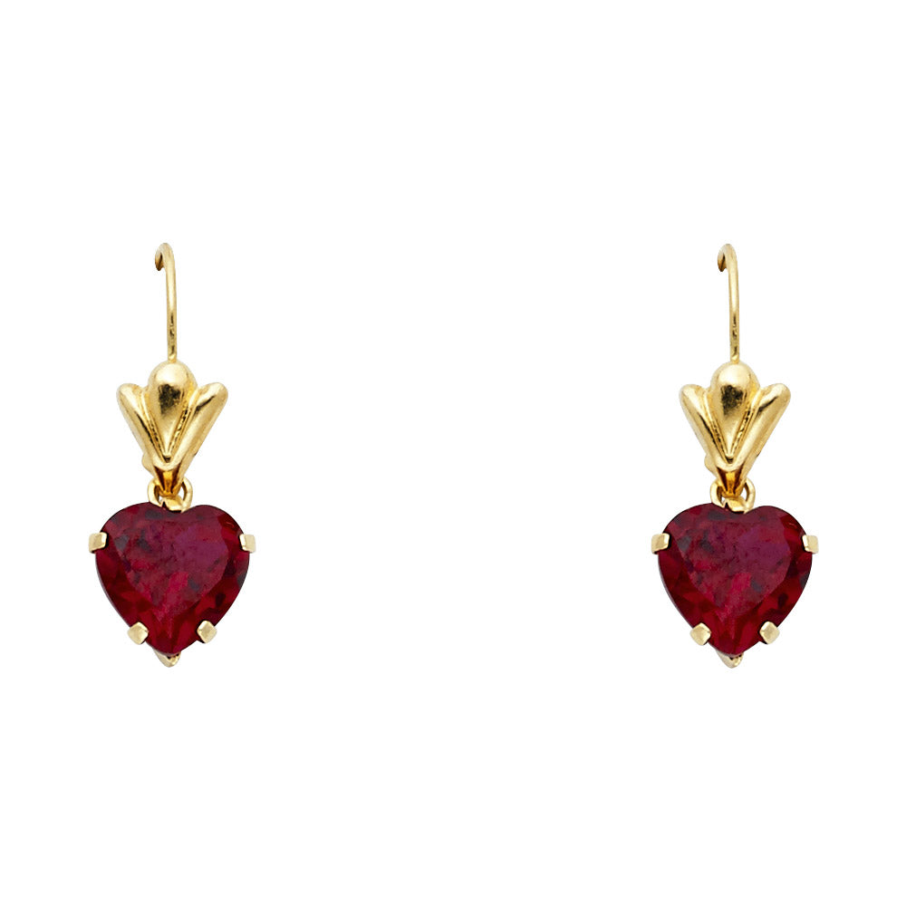 14K yellow gold heart dangle earrings with French hook closure, red heart-shaped stones in prong setting, lightweight romantic gold jewelry.