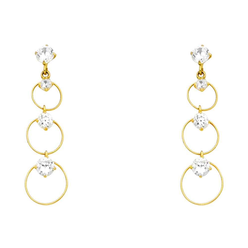 14K gold triple drop CZ hoop earrings, long gold dangle earrings, screw back gold drop earrings, cubic zirconia statement earrings, yellow gold CZ dangling hoops, elegant drop hoop earrings 14K