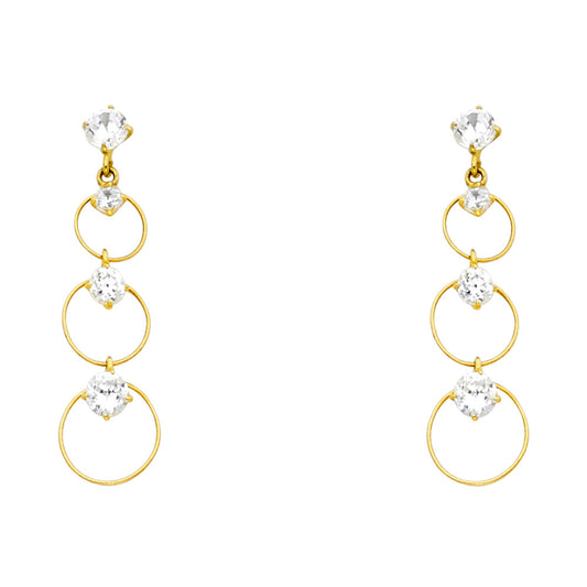 14K gold triple drop CZ hoop earrings, long gold dangle earrings, screw back gold drop earrings, cubic zirconia statement earrings, yellow gold CZ dangling hoops, elegant drop hoop earrings 14K