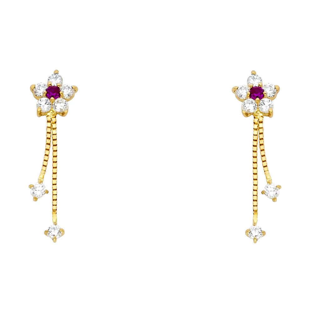 14K gold flower screw back earrings with ruby-colored cubic zirconia center and white CZ accents, featuring dangling CZ drops, elegant jewelry for women and girls.