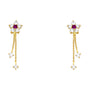 14K gold flower screw back earrings with ruby-colored cubic zirconia center and white CZ accents, featuring dangling CZ drops, elegant jewelry for women and girls.