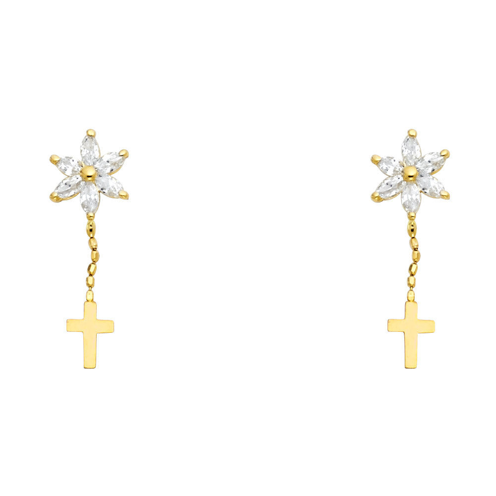14K gold flower cross earrings, 14K gold CZ cross drop earrings, screw back gold cross earrings, marquise CZ flower earrings, religious gold earrings, baptism confirmation jewelry, dainty gold cross earrings, floral cross earrings 14K.