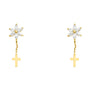 14K gold flower cross earrings, 14K gold CZ cross drop earrings, screw back gold cross earrings, marquise CZ flower earrings, religious gold earrings, baptism confirmation jewelry, dainty gold cross earrings, floral cross earrings 14K.