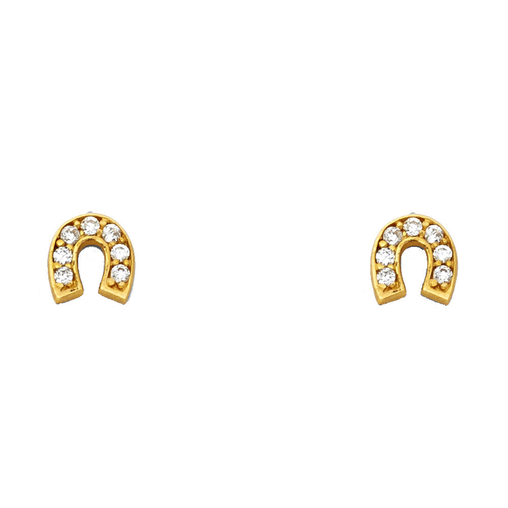 14K Gold Horse Shoe CZ Stud Earrings
