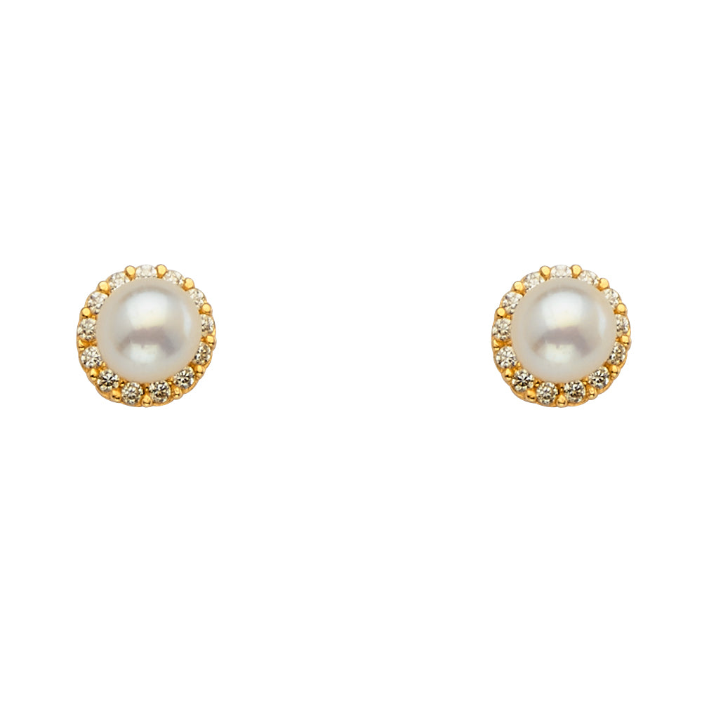 14K Gold Pearl CZ Screw back Earrings