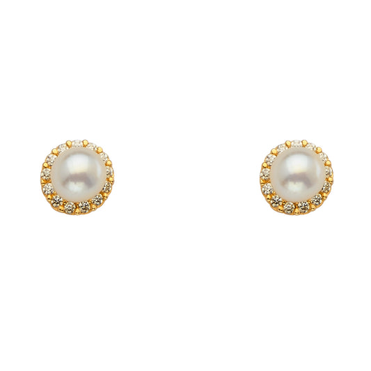14K Gold Pearl CZ Screw back Earrings